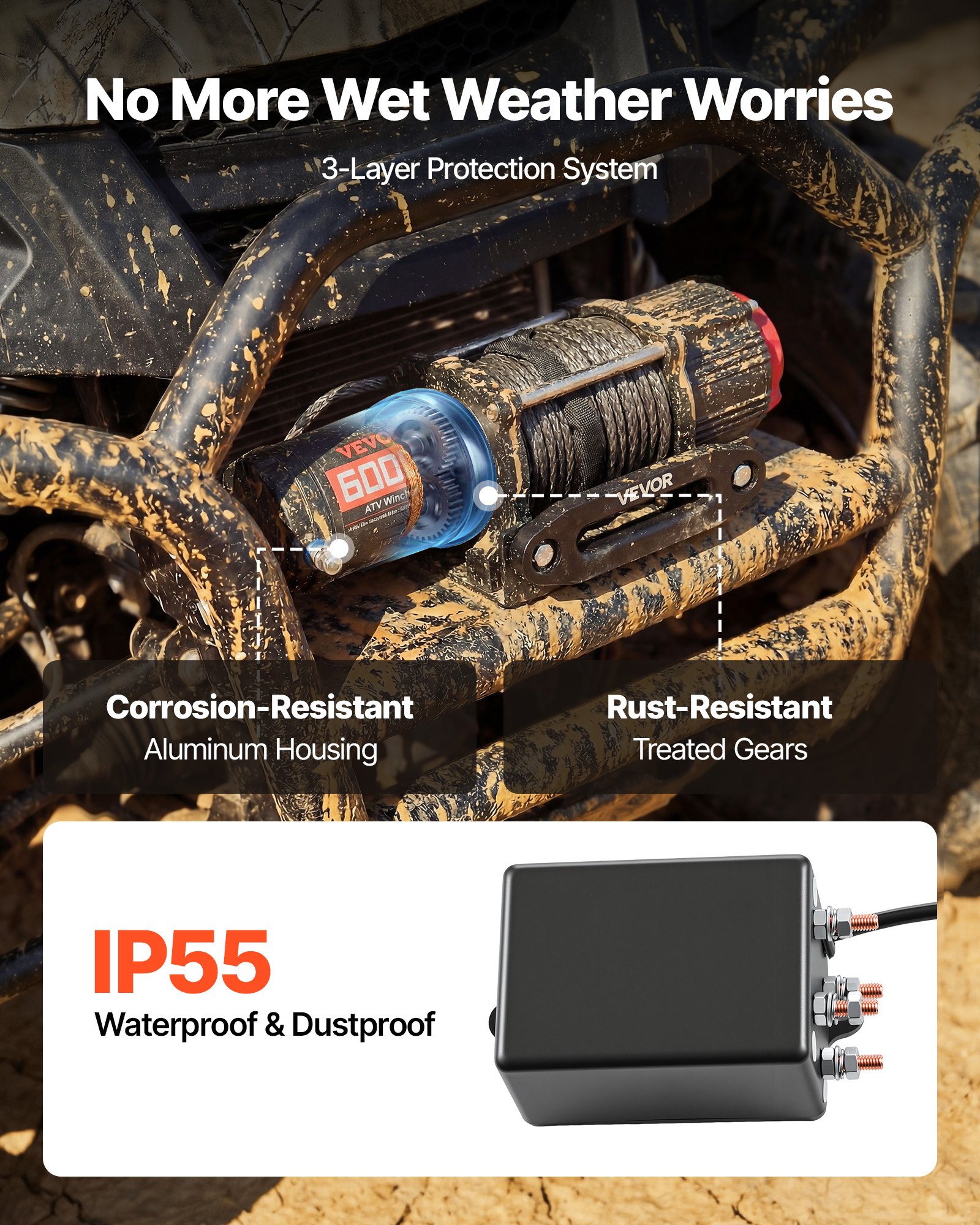 VEVOR Elektrische Seilwinde 2721 kg, 12V Motorwinde mit Φ6,35 mm x 15 m Synthetikseil, Kabelloser & Kabelgebundener Fernbedienung, Elektrowinde zum Abschleppen von ATVs, UTVs & Offroad-Fahrzeugen