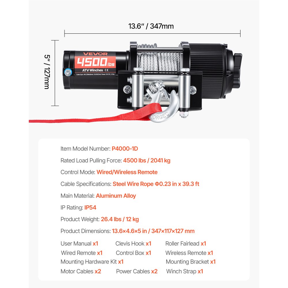 VEVOR Elektrische Seilwinde 2041 kg, 12V DC Motorwinde mit Φ5,8 mm x 12 m Stahlseil, Kabelloser & Kabelgebundener Fernbedienung, IP55, Elektrowinde zum Abschleppen von ATVs, UTVs & Offroad-Fahrzeugen