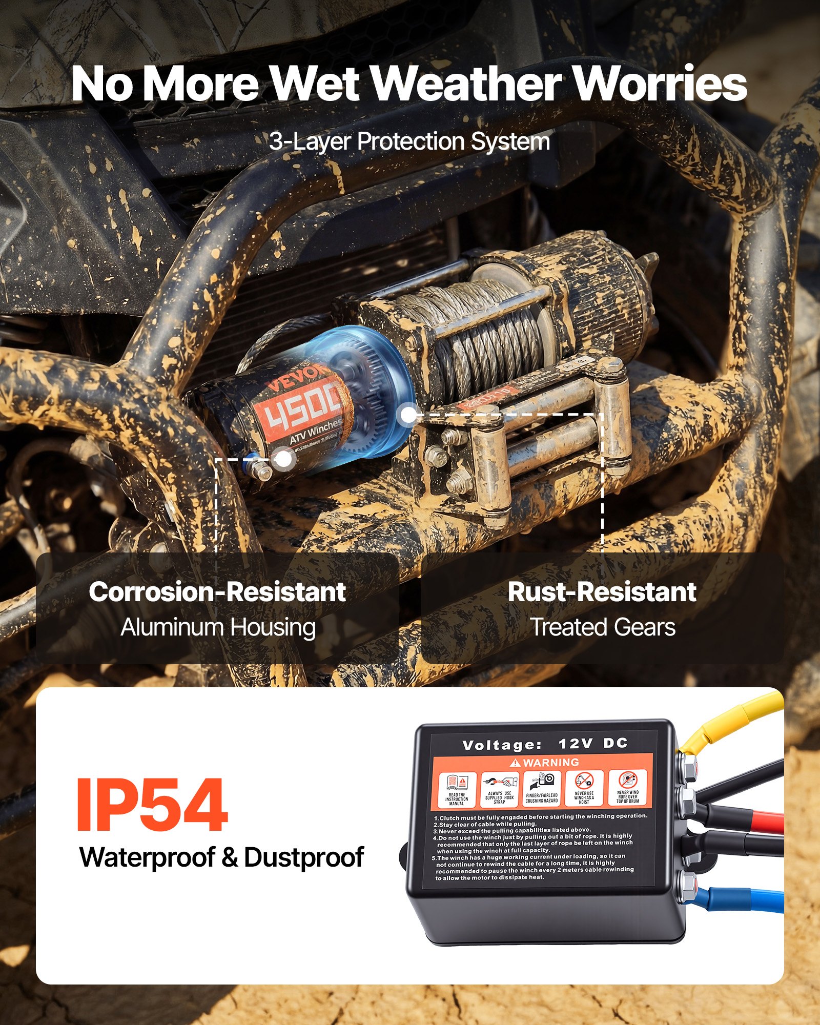 VEVOR Elektrische Seilwinde 2041 kg, 12V DC Motorwinde mit Φ5,8 mm x 12 m Stahlseil, Kabelloser & Kabelgebundener Fernbedienung, IP55, Elektrowinde zum Abschleppen von ATVs, UTVs & Offroad-Fahrzeugen