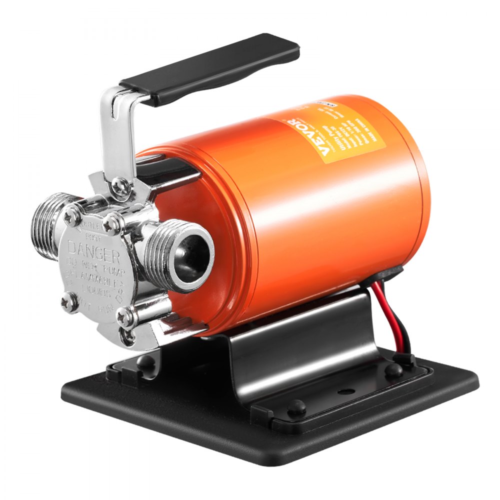 Orange VEVOR-Wassertransferpumpe mit Metallbeschlägen und schwarzem Griff auf stabilem Sockel.