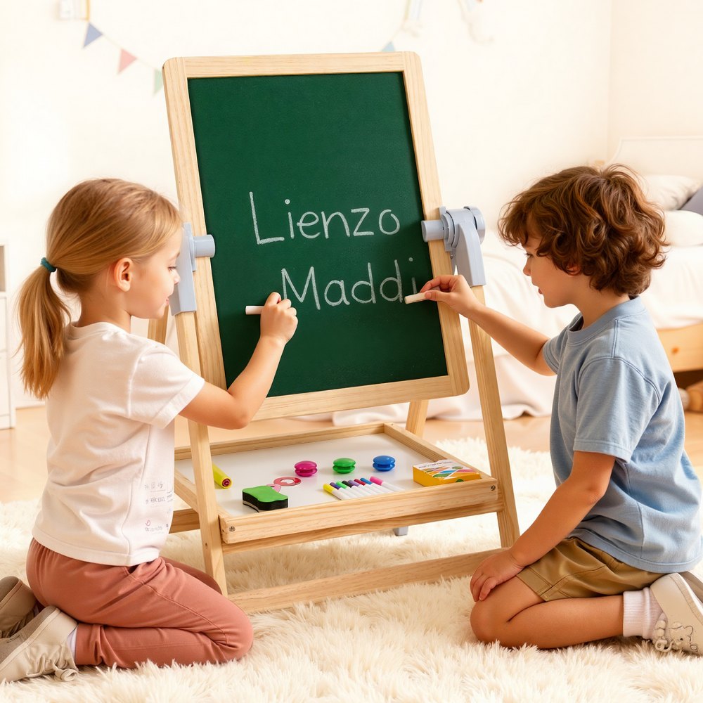 VEVOR Kunststaffelei für Kinder, 2-in-1-Kunststaffelei aus Holz, doppelseitig, mit magnetischem Whiteboard und Kreidetafel, verstellbares, stehendes, drehbares, faltbares Zeichenbrett mit Malzubehör für Jungen und Mädchen