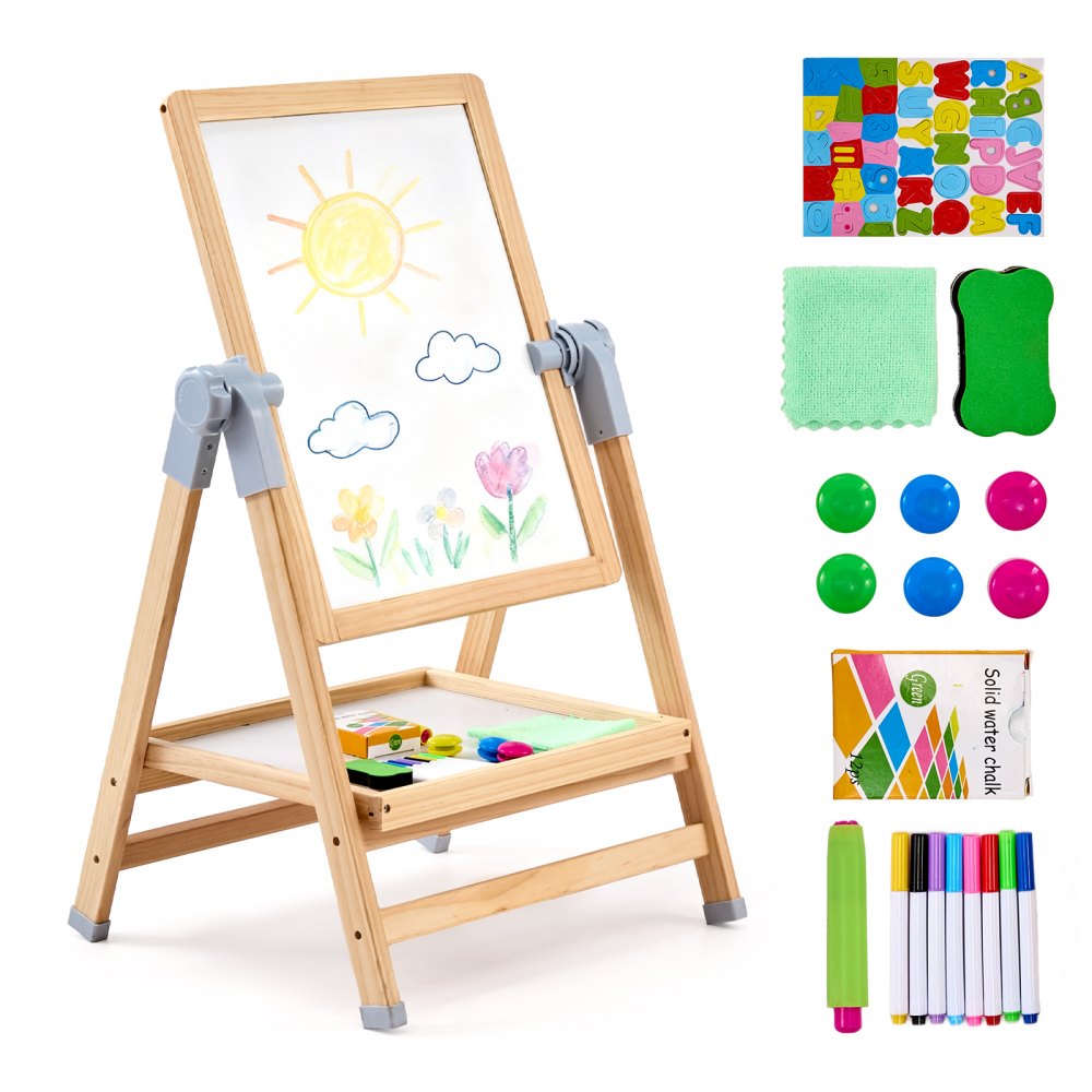 VEVOR Kunststaffelei für Kinder, 2-in-1-Kunststaffelei aus Holz, doppelseitig, mit magnetischem Whiteboard und Kreidetafel, verstellbares, stehendes, drehbares, faltbares Zeichenbrett mit Malzubehör für Jungen und Mädchen