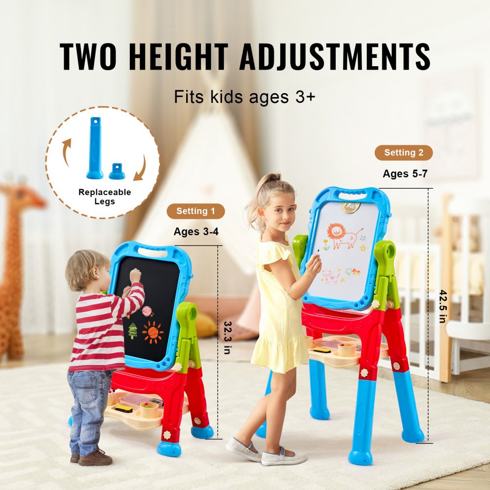 VEVOR Art Easel for Children, 2-in-1 Double-Sided Art Easel for Children with Magnetic Whiteboard and Chalkboard, Adjustable Standing Rotating Detachable Drawing Board with Painting Accessories for Boys and Girls