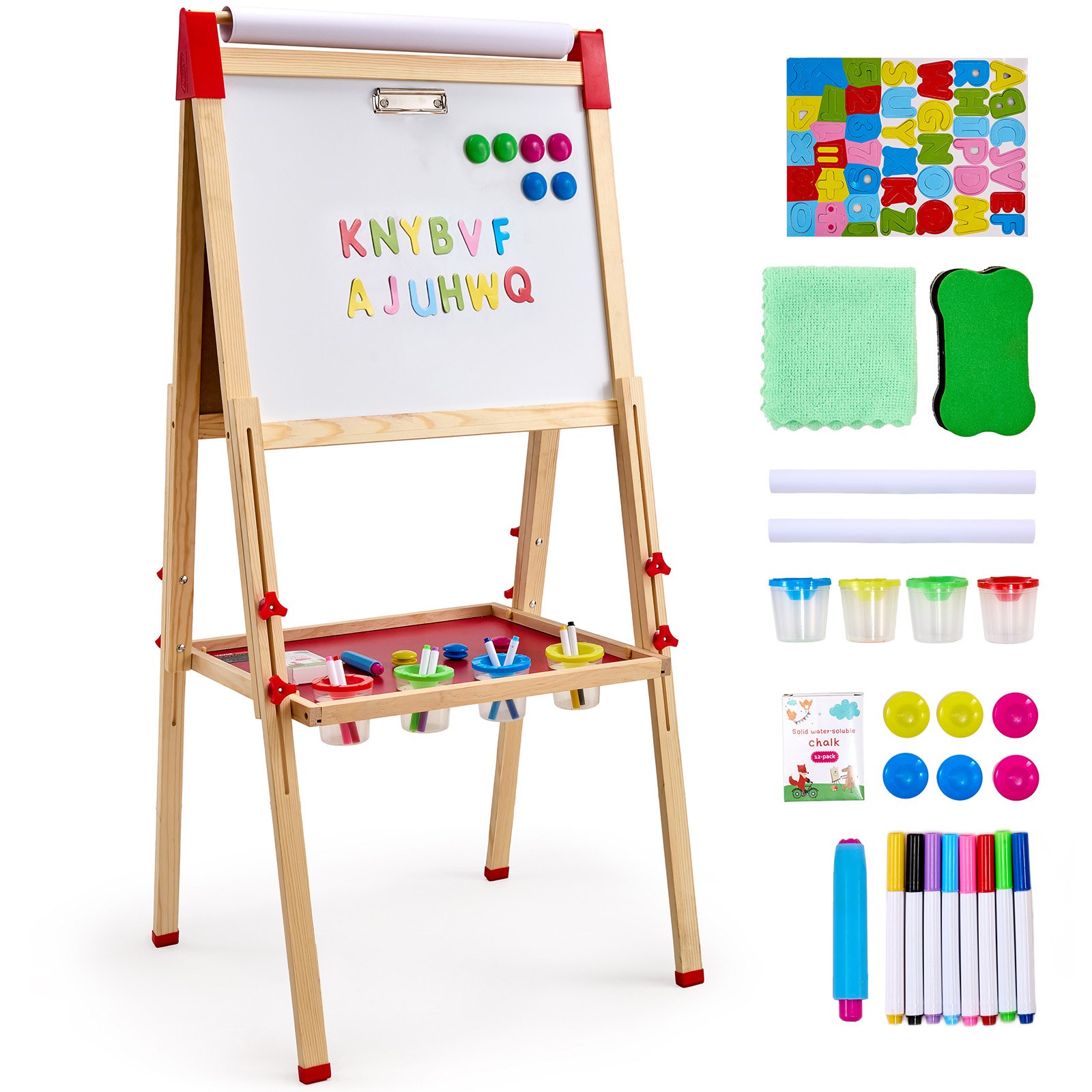VEVOR Kunststaffelei für Kinder, 3-in-1-Kunststaffelei aus Holz, mit magnetischem Whiteboard, Kreidetafel und Papierrolle, verstellbares stehendes Zeichenbrett mit Malzubehör für Kinder ab 3 Jahren
