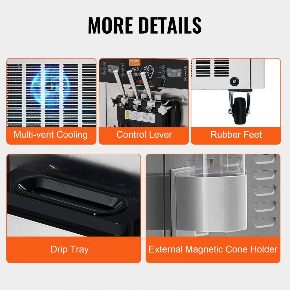 VEVOR Commercial Ice Cream Machine, 34-44 L/h Capacity, 1850 W, Freestanding Soft Serve Ice Cream Machine with 3 Flavors, 2 x 9 L Stainless Steel Containers, LED Panel, Single Cylinder Operation & Overnight Cooling