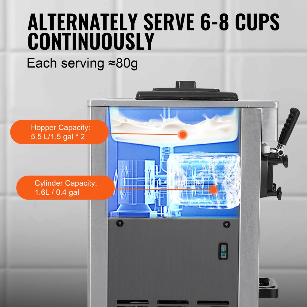 VEVOR Commercial Soft Serve Ice Cream Machine, 21-31 l/h Capacity, Freestanding Soft Serve Ice Cream Machine with 3 Flavors, 2 x 5.5 L Stainless Steel Cylinders, LED Panel, Automatic Pre-Cooling, for Restaurant Bars