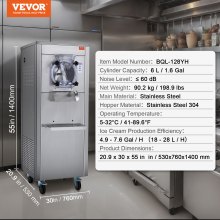 VEVOR Kommerzielle Eismaschine, 18 l/h Leistung, Einzelgeschmacksrichtung Harteismaschine mit Rädern, 6 L Edelstahlzylinder, LED-Panel, Automatische Vorkühlung mit Reinigung, für Restaurant-Snackbars
