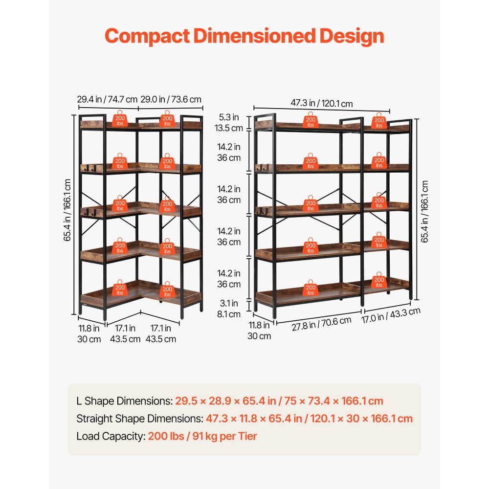 VEVOR Eckregal mit 5 Ebenen, hoher Eckständer mit 4 Haken, Displayregal Lagerregal mit Metallrahmen & Holzregalen, Standregal Ausstellungsbücherregal für Schlafzimmer Wohnzimmer Büro Braun