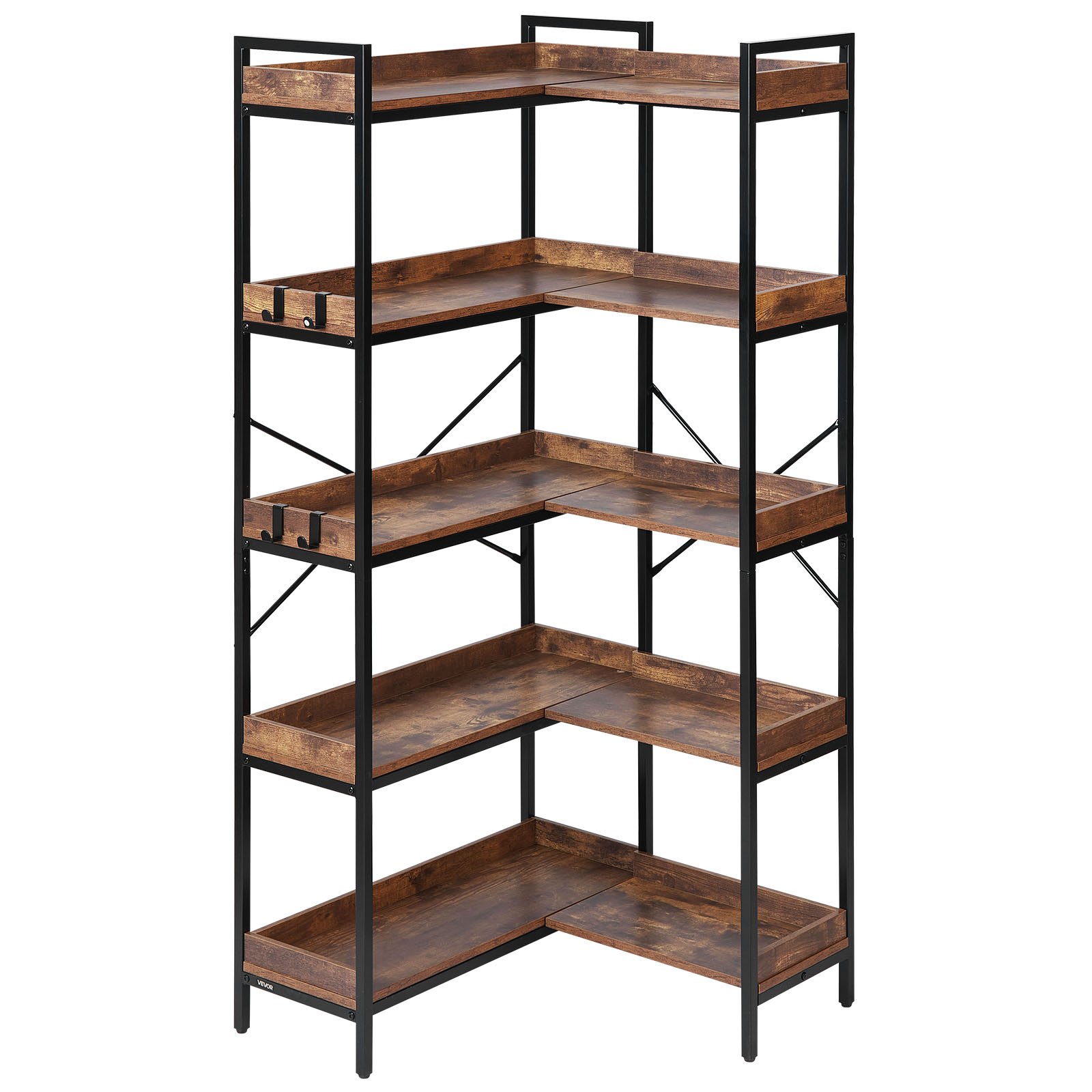 VEVOR Eckregal mit 5 Ebenen, hoher Eckständer mit 4 Haken, Displayregal Lagerregal mit Metallrahmen & Holzregalen, Standregal Ausstellungsbücherregal für Schlafzimmer Wohnzimmer Büro Braun