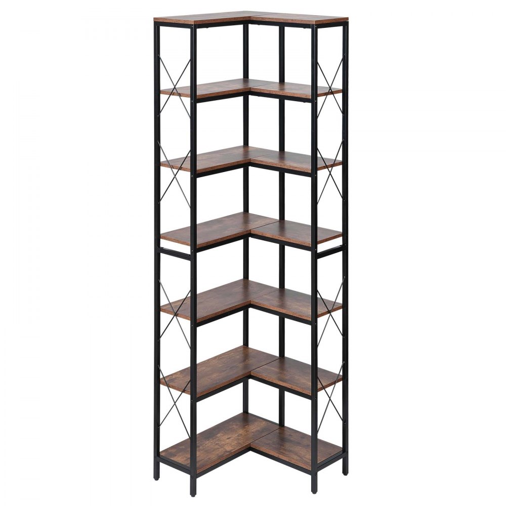 VEVOR 7 Tier Corner Bookshelf, Tall Corner Bookcase Strage, Large L-Shaped Bookshelf Organizer with Metal Frame & Wooden Shelves, Reversible Display Book Shelf Rack for Bedroom, Living Room, Office
