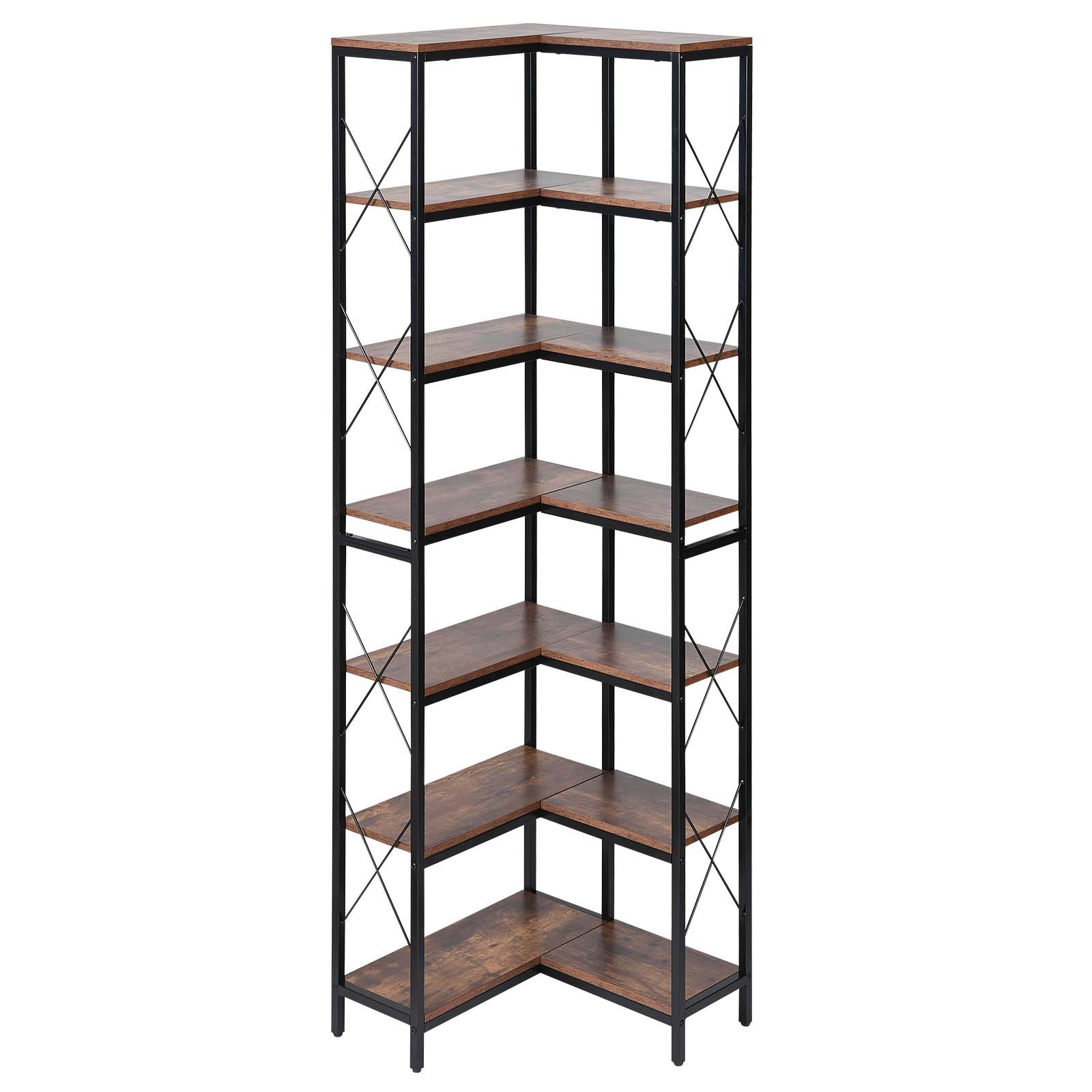 VEVOR 7 Tier Corner Bookshelf, Tall Corner Bookcase Strage, Large L-Shaped Bookshelf Organizer with Metal Frame & Wooden Shelves, Reversible Display Book Shelf Rack for Bedroom, Living Room, Office