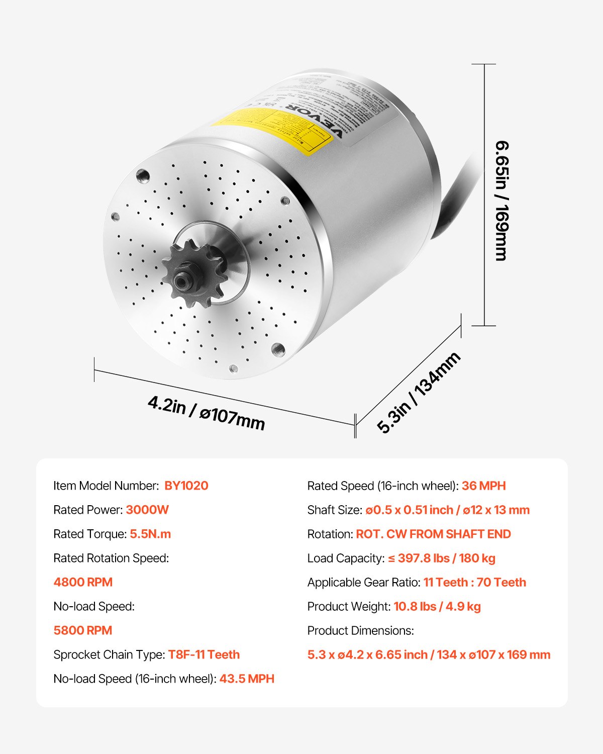 VEVOR 3000W Brushless DC Electric Motor, Brushless Electric Motor, 60V 4800 RPM Go-Kart Electric Motor, Electric Dirt Bike Motor for E-Bike, Motorcycle, Scooter, DIY