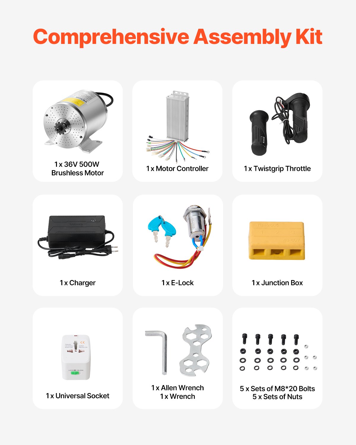 VEVOR 500 W elektrischer bürstenloser Gleichstrommotor-Bausatz – 36 V, 3000 U/min Motor mit Drehzahlregler, Gasgriff-Bausatz, Elektromotor, Ideal für Go Karts E-Bike Motorrad Roller