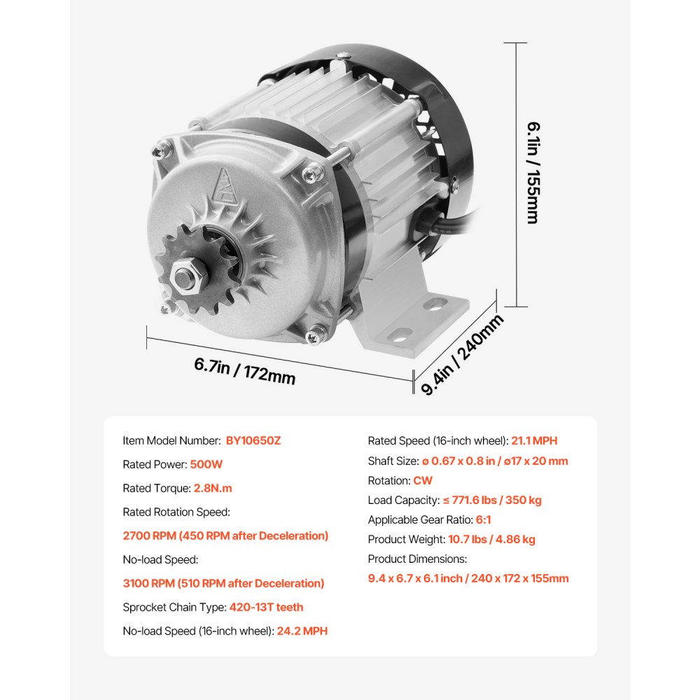VEVOR 500 W Elektrischer Bürstenloser Gleichstrommotor-Bausatz, Bürstenloser Elektromotor – 48 V 2700 U/min Motor mit verbessertem Drehzahlregler für Go Karts E-Bike Motorrad Roller