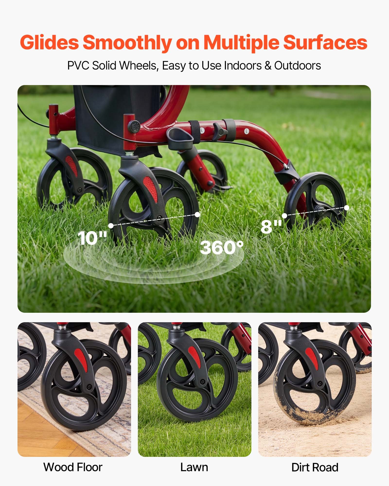 VEVOR Rollator Walker with Seat for Seniors, Foldable Rolling Walker, Lightweight Aluminum Mobility Walking Aid with PVC Solid Wheels, Adjustable Handle, Storage Bag, Cup/Cane Holder - Supports 136kg