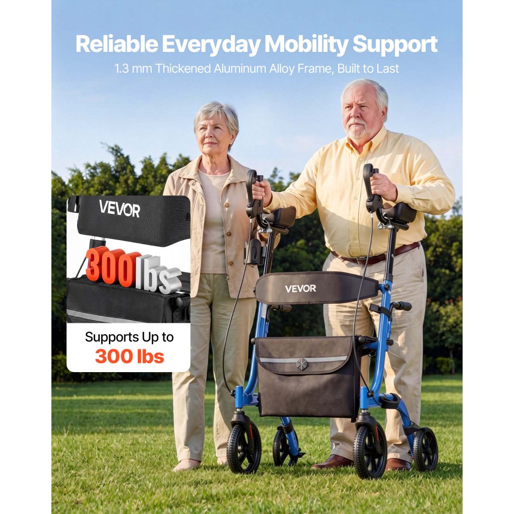 VEVOR Rollator Faltbar mit Sitz, Leichtgewicht Gehwagen mit 4 PU Reifen, Gehhilfe bis 136 kg mit Rückenlehne Tasche Gehstockhalter, Höheverstellbare Laufhilfe mit Feststellfunktion für Senioren, Blau