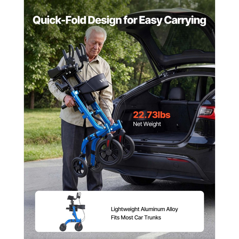 VEVOR Rollator Faltbar mit Sitz, Leichtgewicht Gehwagen mit 4 PU Reifen, Gehhilfe bis 136 kg mit Rückenlehne Tasche Gehstockhalter, Höheverstellbare Laufhilfe mit Feststellfunktion für Senioren, Blau