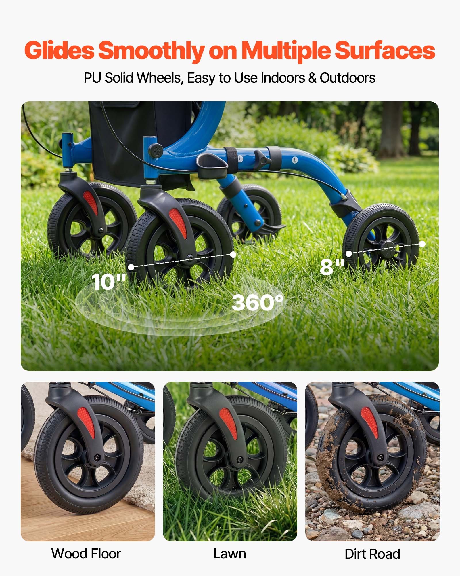 VEVOR Rollator Faltbar mit Sitz, Leichtgewicht Gehwagen mit 4 PU Reifen, Gehhilfe bis 136 kg mit Rückenlehne Tasche Gehstockhalter, Höheverstellbare Laufhilfe mit Feststellfunktion für Senioren, Blau
