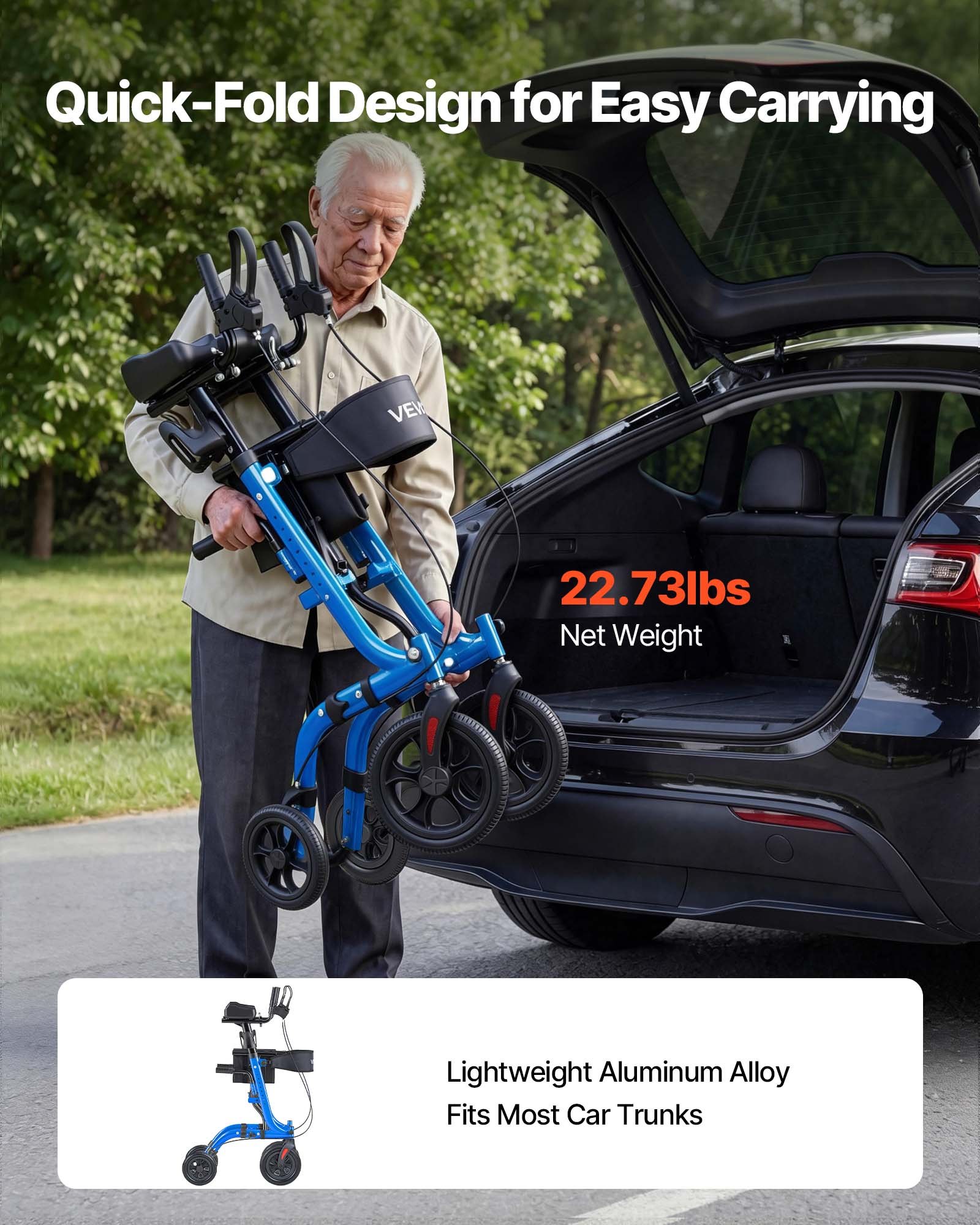 VEVOR Rollator Faltbar mit Sitz, Leichtgewicht Gehwagen mit 4 PU Reifen, Gehhilfe bis 136 kg mit Rückenlehne Tasche Gehstockhalter, Höheverstellbare Laufhilfe mit Feststellfunktion für Senioren, Blau