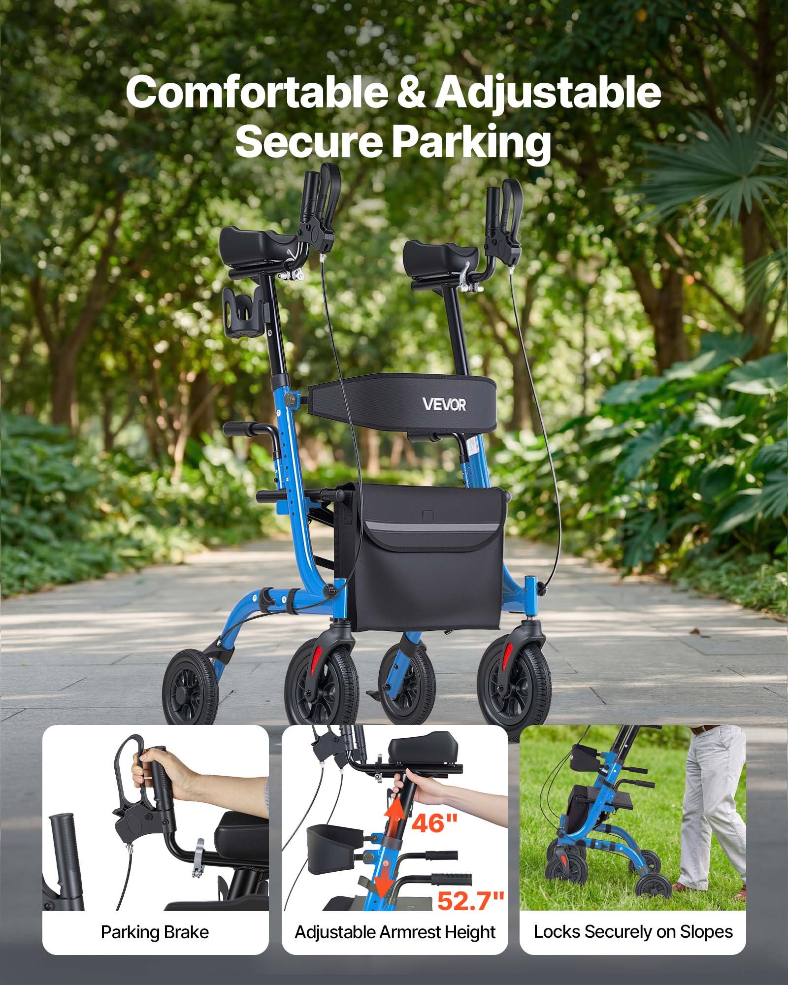 VEVOR Rollator Faltbar mit Sitz, Leichtgewicht Gehwagen mit 4 PU Reifen, Gehhilfe bis 136 kg mit Rückenlehne Tasche Gehstockhalter, Höheverstellbare Laufhilfe mit Feststellfunktion für Senioren, Blau