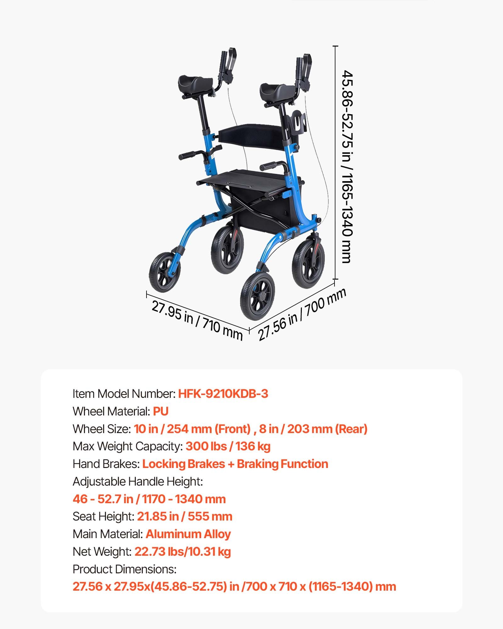 VEVOR Rollator Faltbar mit Sitz, Leichtgewicht Gehwagen mit 4 PU Reifen, Gehhilfe bis 136 kg mit Rückenlehne Tasche Gehstockhalter, Höheverstellbare Laufhilfe mit Feststellfunktion für Senioren, Blau