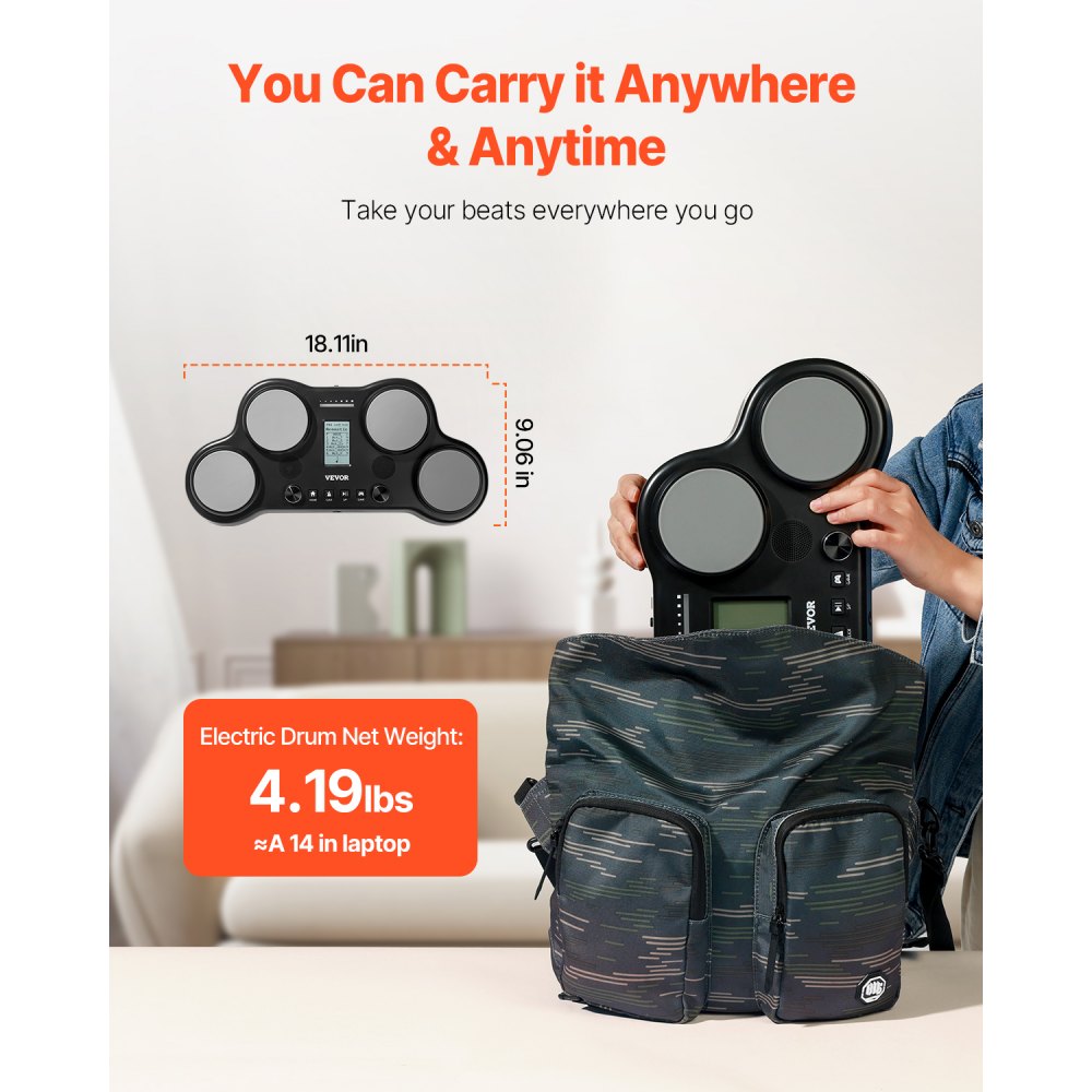 VEVOR E-Drum-Set, 163 Sounds, elektronisches Schlagzeug-Set mit 4 Pads, Kopfhöreranschluss, integrierten Stereolautsprechern, 5A-Drumsticks, Pedalen, MIDI, Instrument für Anfänger und Profis