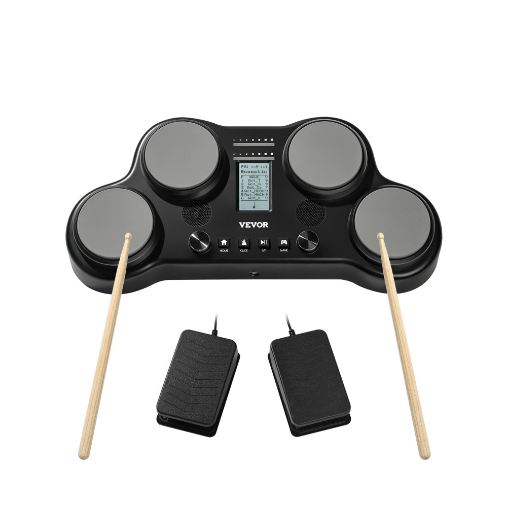 VEVOR E-Drum-Set, 163 Sounds, elektronisches Schlagzeug-Set mit 4 Pads, Kopfhöreranschluss, integrierten Stereolautsprechern, 5A-Drumsticks, Pedalen, MIDI, Instrument für Anfänger und Profis