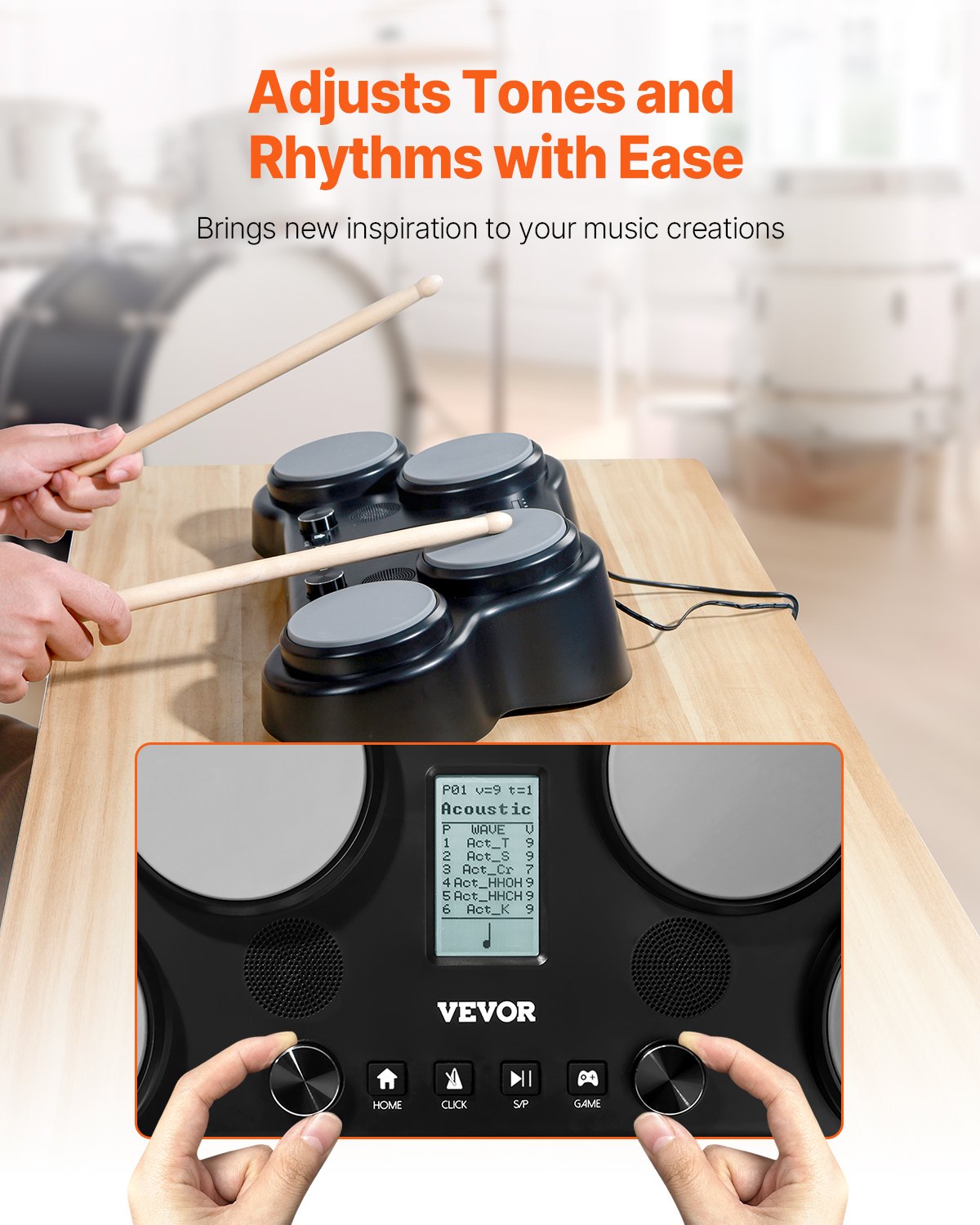 VEVOR E-Drum-Set, 163 Sounds, elektronisches Schlagzeug-Set mit 4 Pads, Kopfhöreranschluss, integrierten Stereolautsprechern, 5A-Drumsticks, Pedalen, MIDI, Instrument für Anfänger und Profis