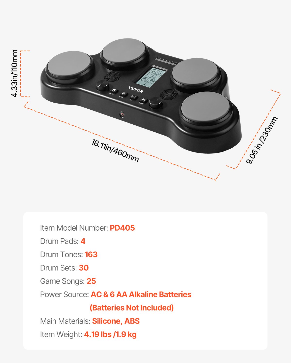 VEVOR E-Drum-Set, 163 Sounds, elektronisches Schlagzeug-Set mit 4 Pads, Kopfhöreranschluss, integrierten Stereolautsprechern, 5A-Drumsticks, Pedalen, MIDI, Instrument für Anfänger und Profis