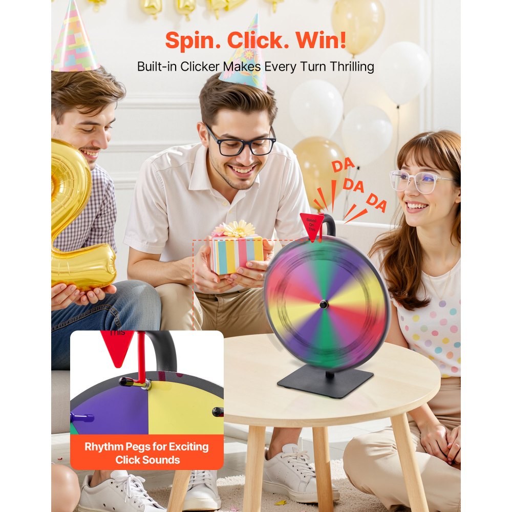 VEVOR Glücksrad Drehrad (305 mm) 10 Slots Glücksrad mit Ständer, Lotteriespiele Gewinn-Roulette mit Tafelschwamm & 2 Markern, 6 Farben, Spinning Prize Wheel ideal für Party Kneipe Messe