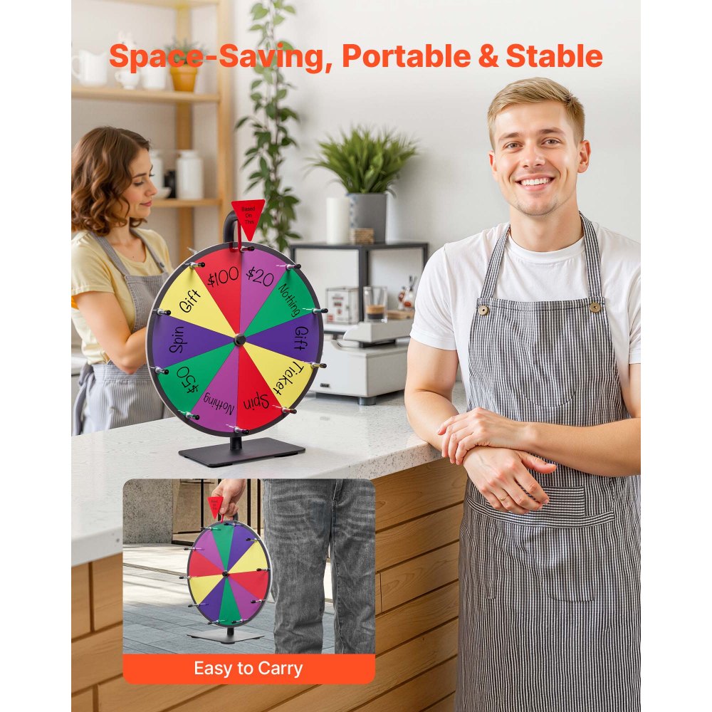 VEVOR Glücksrad Drehrad (305 mm) 10 Slots Glücksrad mit Ständer, Lotteriespiele Gewinn-Roulette mit Tafelschwamm & 2 Markern, 6 Farben, Spinning Prize Wheel ideal für Party Kneipe Messe