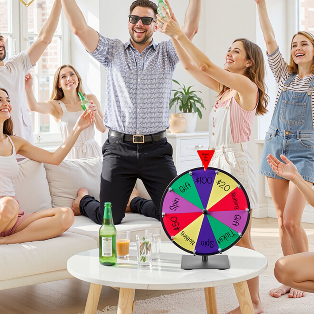 VEVOR Glücksrad Drehrad (305 mm) 10 Slots Glücksrad mit Ständer, Lotteriespiele Gewinn-Roulette mit Tafelschwamm & 2 Markern, 6 Farben, Spinning Prize Wheel ideal für Party Kneipe Messe