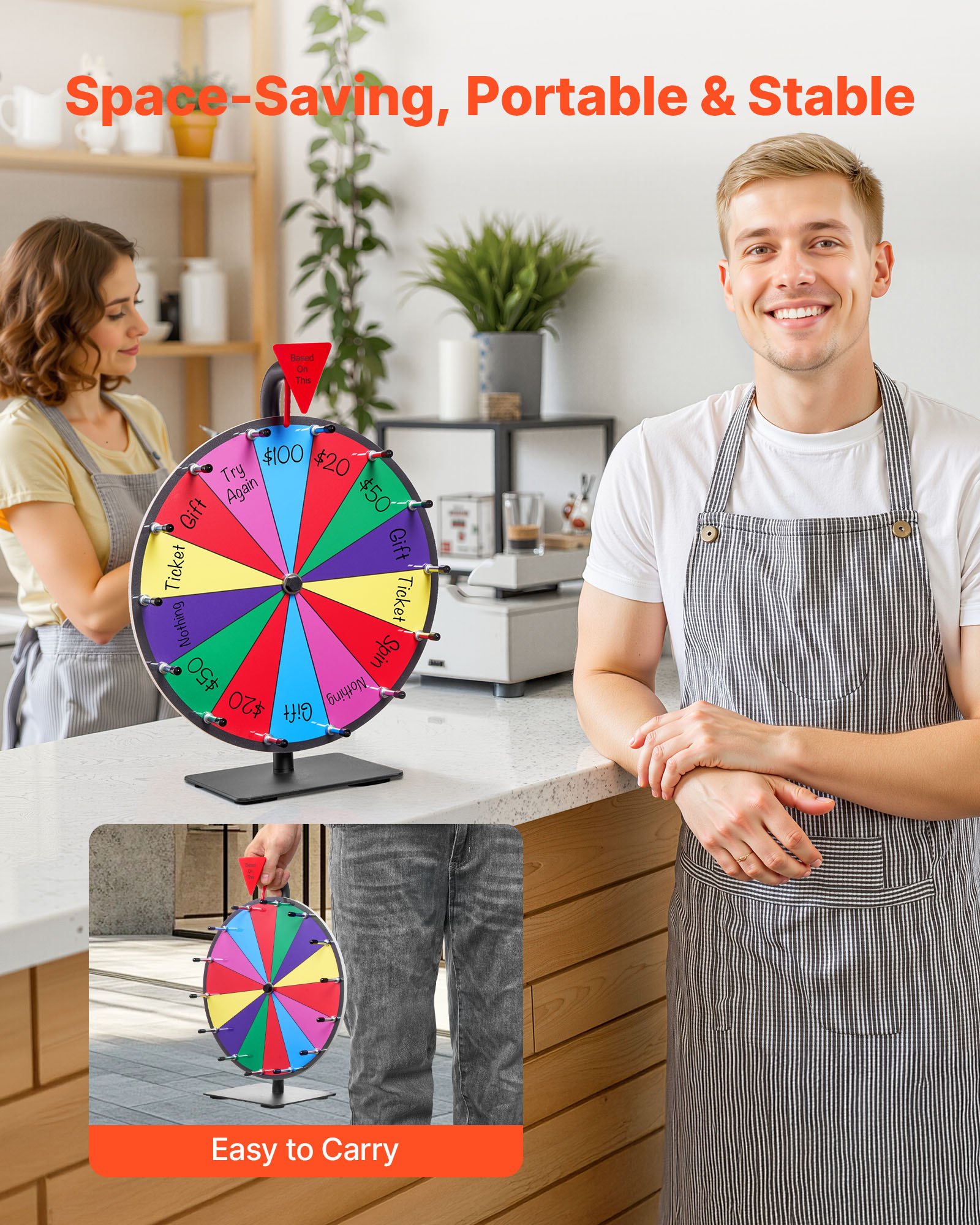 VEVOR Glücksrad Drehrad (305 mm) 14 Slots Glücksrad mit Ständer, Lotteriespiele Gewinn-Roulette mit Tafelschwamm & 2 Markern, 6 Farben, Spinning Prize Wheel ideal für Party Kneipe Messe