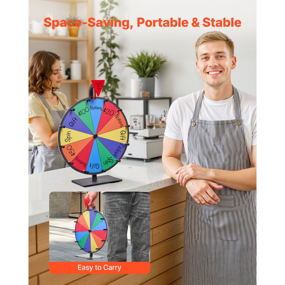 VEVOR Glücksrad Drehrad (305 mm) 12 Slots Glücksrad mit Ständer, Lotteriespiele Gewinn-Roulette mit Tafelschwamm und 2 Markern, 6 Farben, Spinning Prize Wheel ideal für Party Kneipe Messe