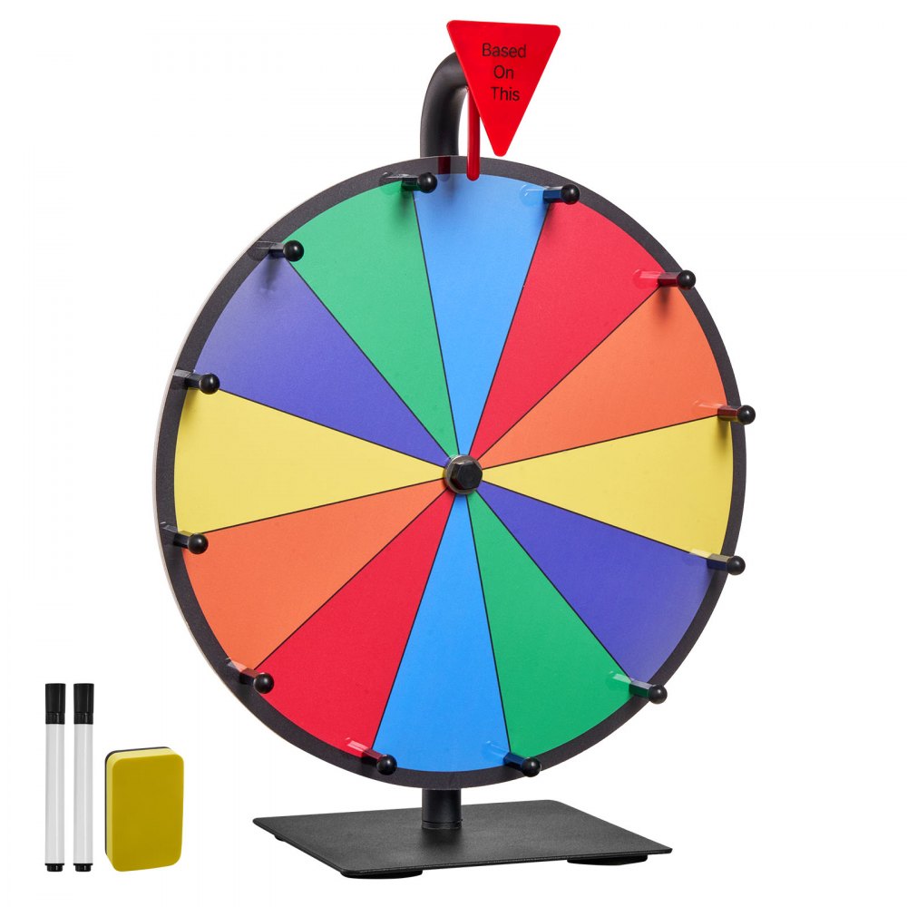 VEVOR Glücksrad Drehrad (305 mm) 12 Slots Glücksrad mit Ständer, Lotteriespiele Gewinn-Roulette mit Tafelschwamm und 2 Markern, 6 Farben, Spinning Prize Wheel ideal für Party Kneipe Messe
