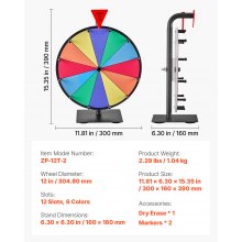 VEVOR Glücksrad Drehrad (305 mm) 12 Slots Glücksrad mit Ständer, Lotteriespiele Gewinn-Roulette mit Tafelschwamm und 2 Markern, 6 Farben, Spinning Prize Wheel ideal für Party Kneipe Messe