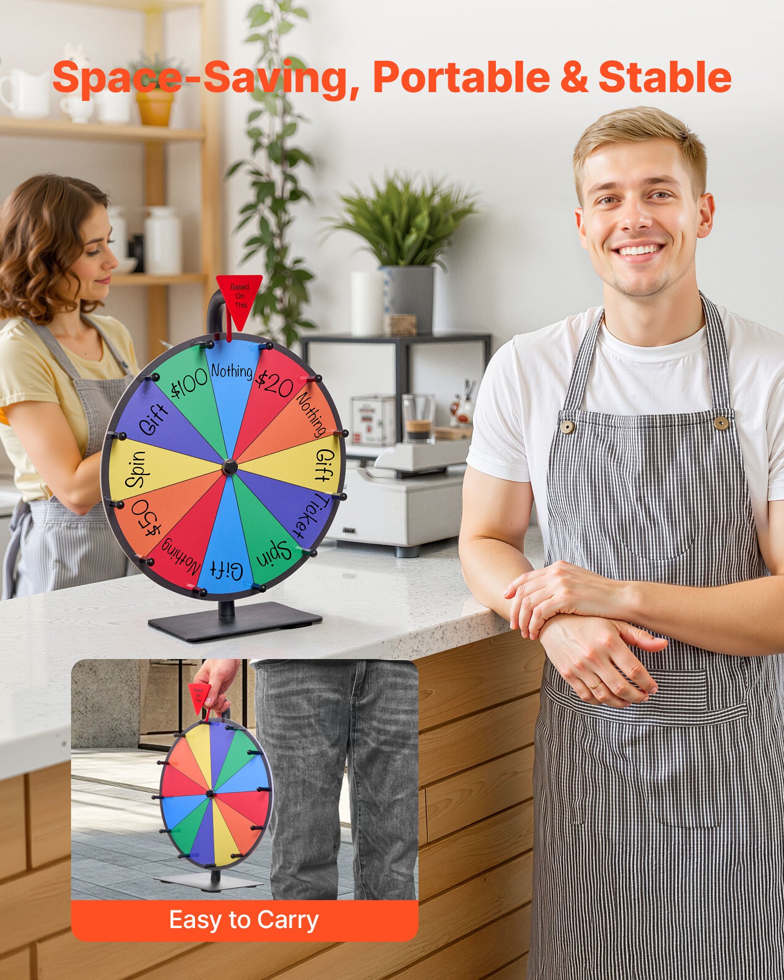 VEVOR Glücksrad Drehrad (305 mm) 12 Slots Glücksrad mit Ständer, Lotteriespiele Gewinn-Roulette mit Tafelschwamm und 2 Markern, 6 Farben, Spinning Prize Wheel ideal für Party Kneipe Messe