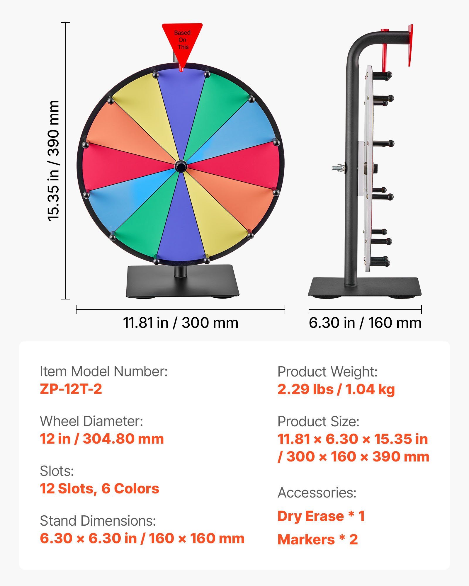 VEVOR Glücksrad Drehrad (305 mm) 12 Slots Glücksrad mit Ständer, Lotteriespiele Gewinn-Roulette mit Tafelschwamm und 2 Markern, 6 Farben, Spinning Prize Wheel ideal für Party Kneipe Messe