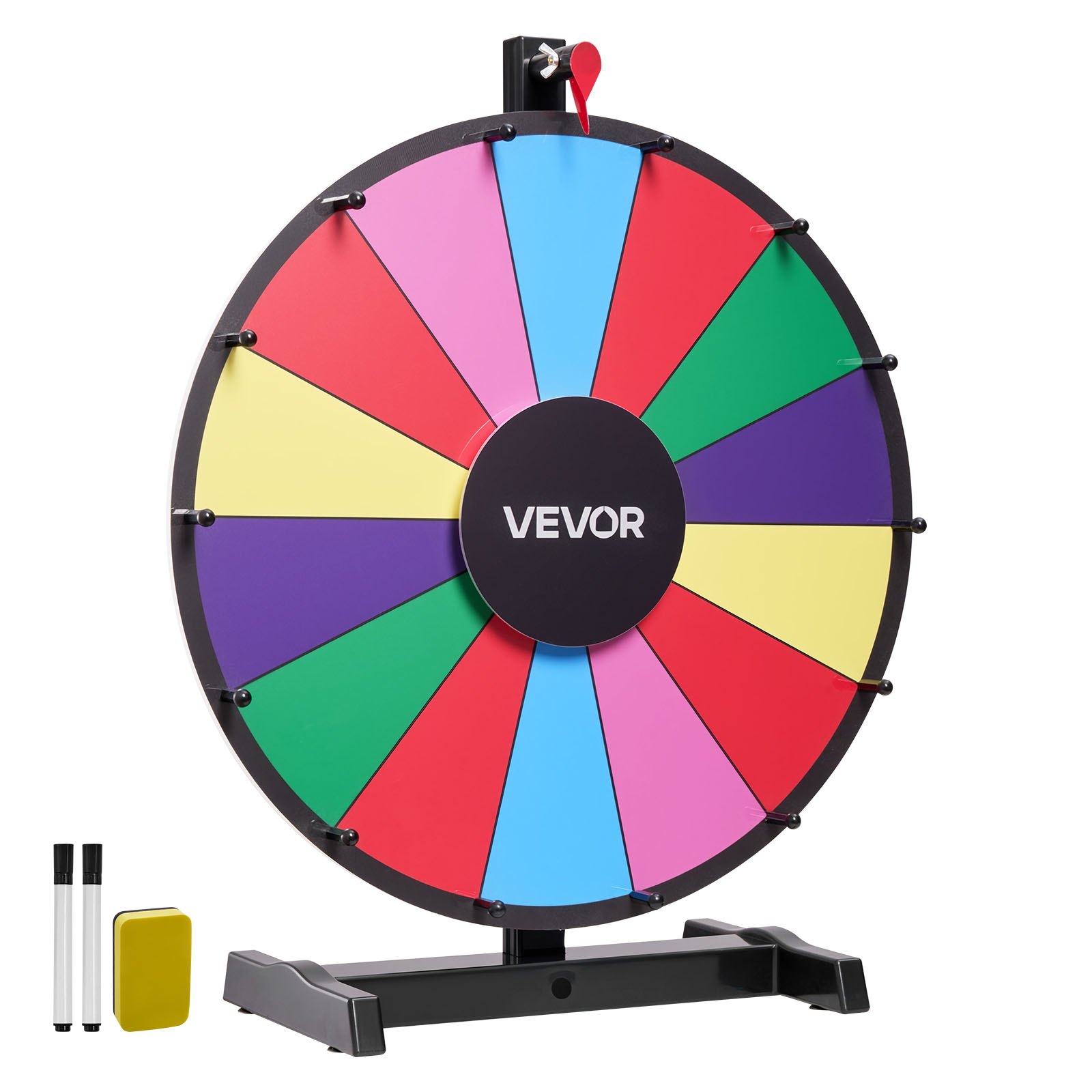 VEVOR Glücksrad Drehrad (457 mm) 14 Slots Glücksrad mit Ständer, Lotteriespiele Gewinn-Roulette mit Tafelschwamm und 2 Markern, 6 Farben, Spinning Prize Wheel ideal für Party Kneipe Messe