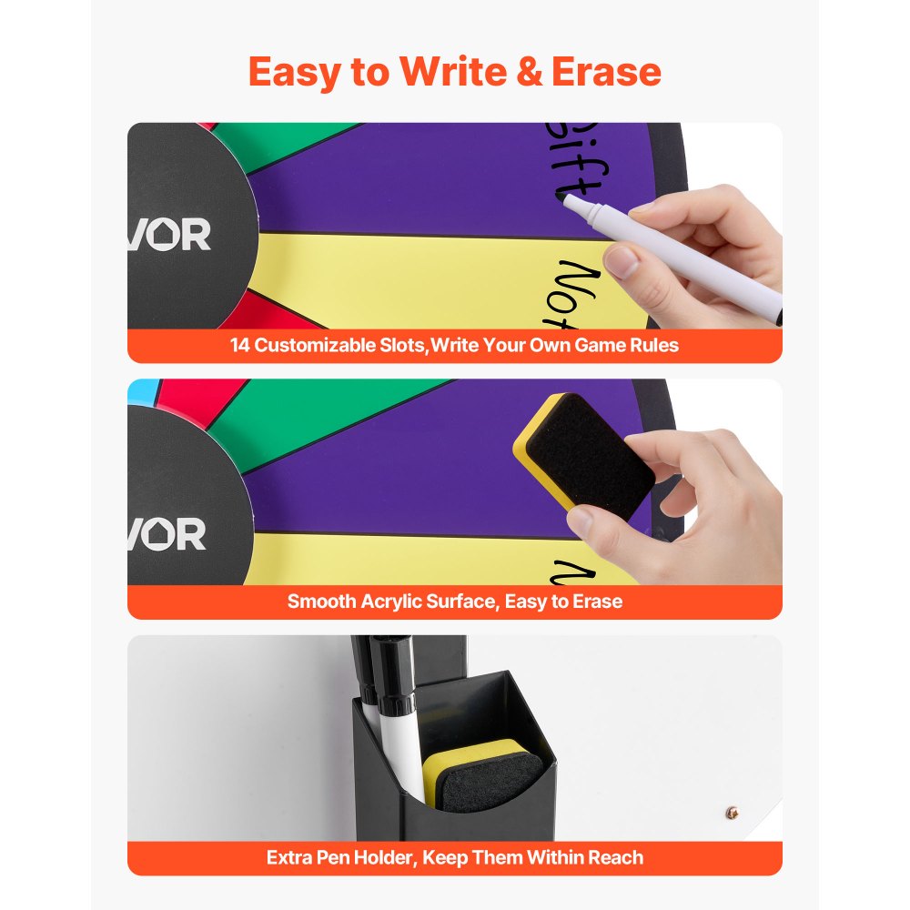 VEVOR Glücksrad Drehrad (61 cm) 14 Slots Glücksrad mit Ständer, Lotteriespiele Gewinn-Roulette mit Tafelschwamm & 2 Markern, 6 Farben, Spinning Prize Wheel ideal für Party Kneipe Messe