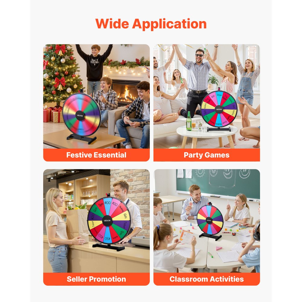 VEVOR Glücksrad Drehrad (61 cm) 14 Slots Glücksrad mit Ständer, Lotteriespiele Gewinn-Roulette mit Tafelschwamm & 2 Markern, 6 Farben, Spinning Prize Wheel ideal für Party Kneipe Messe