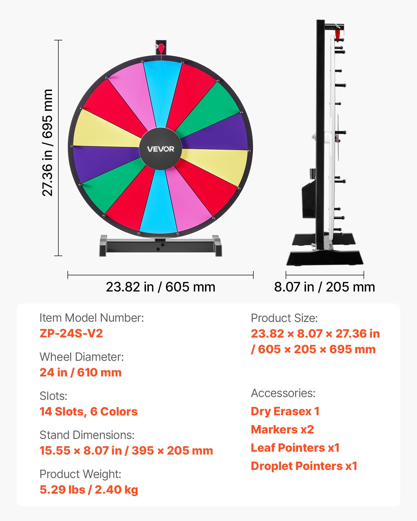 VEVOR Glücksrad Drehrad (61 cm) 14 Slots Glücksrad mit Ständer, Lotteriespiele Gewinn-Roulette mit Tafelschwamm & 2 Markern, 6 Farben, Spinning Prize Wheel ideal für Party Kneipe Messe