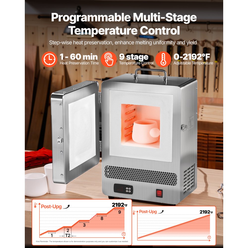 VEVOR Tisch-Schmelzofen 1500 W leistungsstarker elektrischer Ofen 1200 ℃ maximale Temperatur, Goldschmelzofen aus Edelstahl für Wachsguss Ton-DIY Metalltemperierung Glasieren auf Keramik, Silber