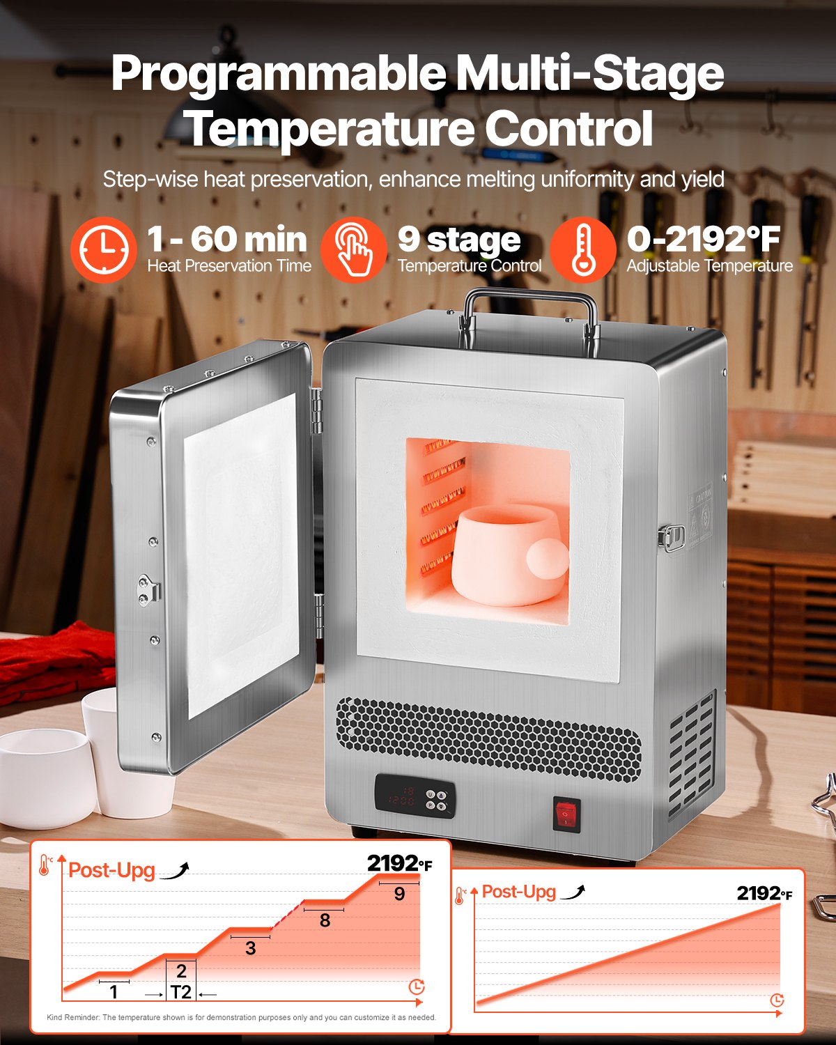 VEVOR Tisch-Schmelzofen 1500 W leistungsstarker elektrischer Ofen 1200 ℃ maximale Temperatur, Goldschmelzofen aus Edelstahl für Wachsguss Ton-DIY Metalltemperierung Glasieren auf Keramik, Silber