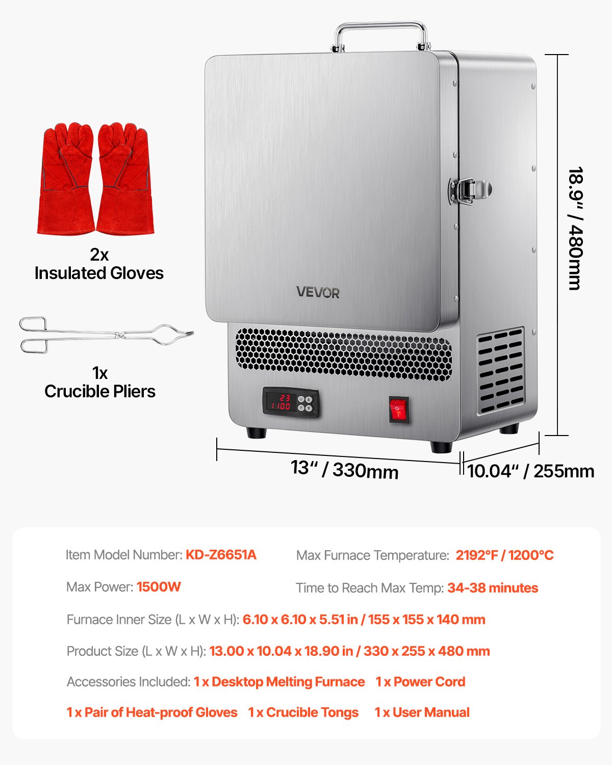 VEVOR Tisch-Schmelzofen 1500 W leistungsstarker elektrischer Ofen 1200 ℃ maximale Temperatur, Goldschmelzofen aus Edelstahl für Wachsguss Ton-DIY Metalltemperierung Glasieren auf Keramik, Silber