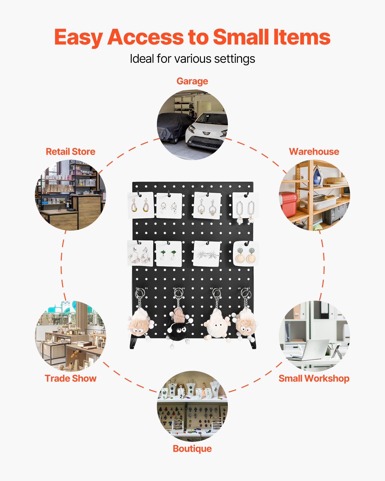 VEVOR Pegboard Display Stand, 43 x 33 cm Tabletop Pegboard Display Stand with 15 Hooks, Thickened Cold-Rolled Steel Peg Board Panel for Grocery, Retail Store and Jewelry Shop, Black (1 PCS)