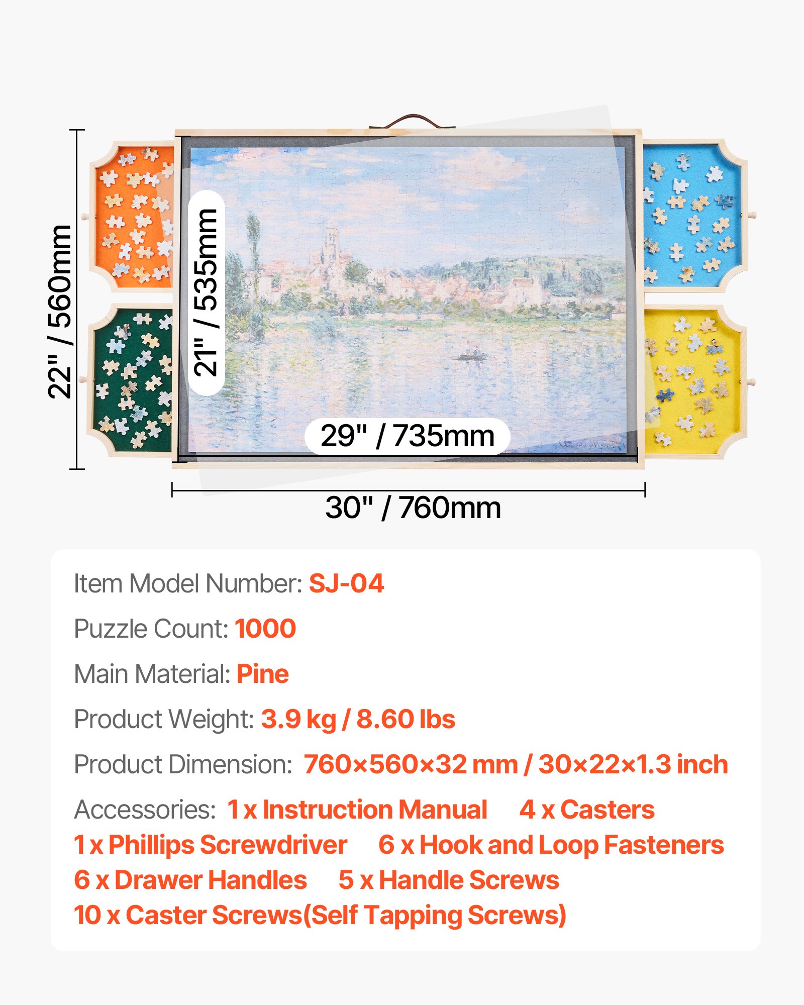 VEVOR 1000-teiliges drehbares Puzzlebrett mit 4 bunten Filzschubladen & Abdeckung, tragbarer Puzzletisch (760 x 560 x 32 mm), Puzzle-Zubehör für Erwachsene, Puzzle-Aufbewahrungssystem Puzzle Boards