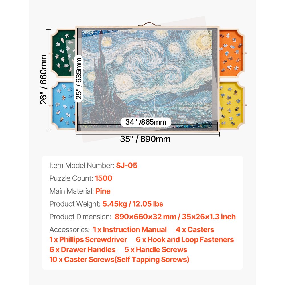VEVOR 1500-teiliges drehbares Puzzlebrett mit 4 bunten Filzschubladen & Abdeckung, tragbarer Puzzletisch (890 x 660 x 32 mm), Puzzle-Zubehör für Erwachsene, Puzzle-Aufbewahrungssystem Puzzle Boards