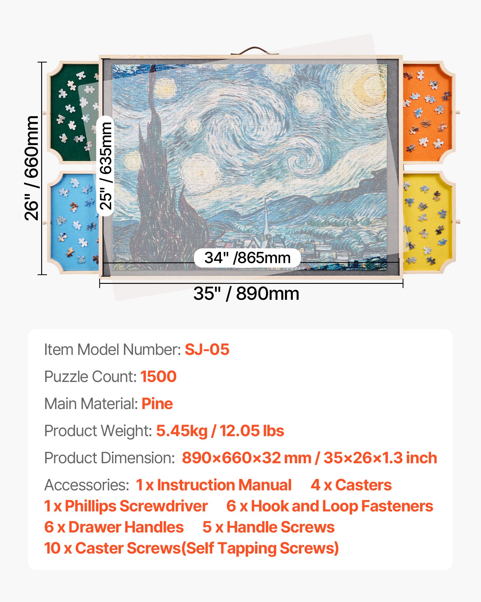 VEVOR 1500-teiliges drehbares Puzzlebrett mit 4 bunten Filzschubladen & Abdeckung, tragbarer Puzzletisch (890 x 660 x 32 mm), Puzzle-Zubehör für Erwachsene, Puzzle-Aufbewahrungssystem Puzzle Boards