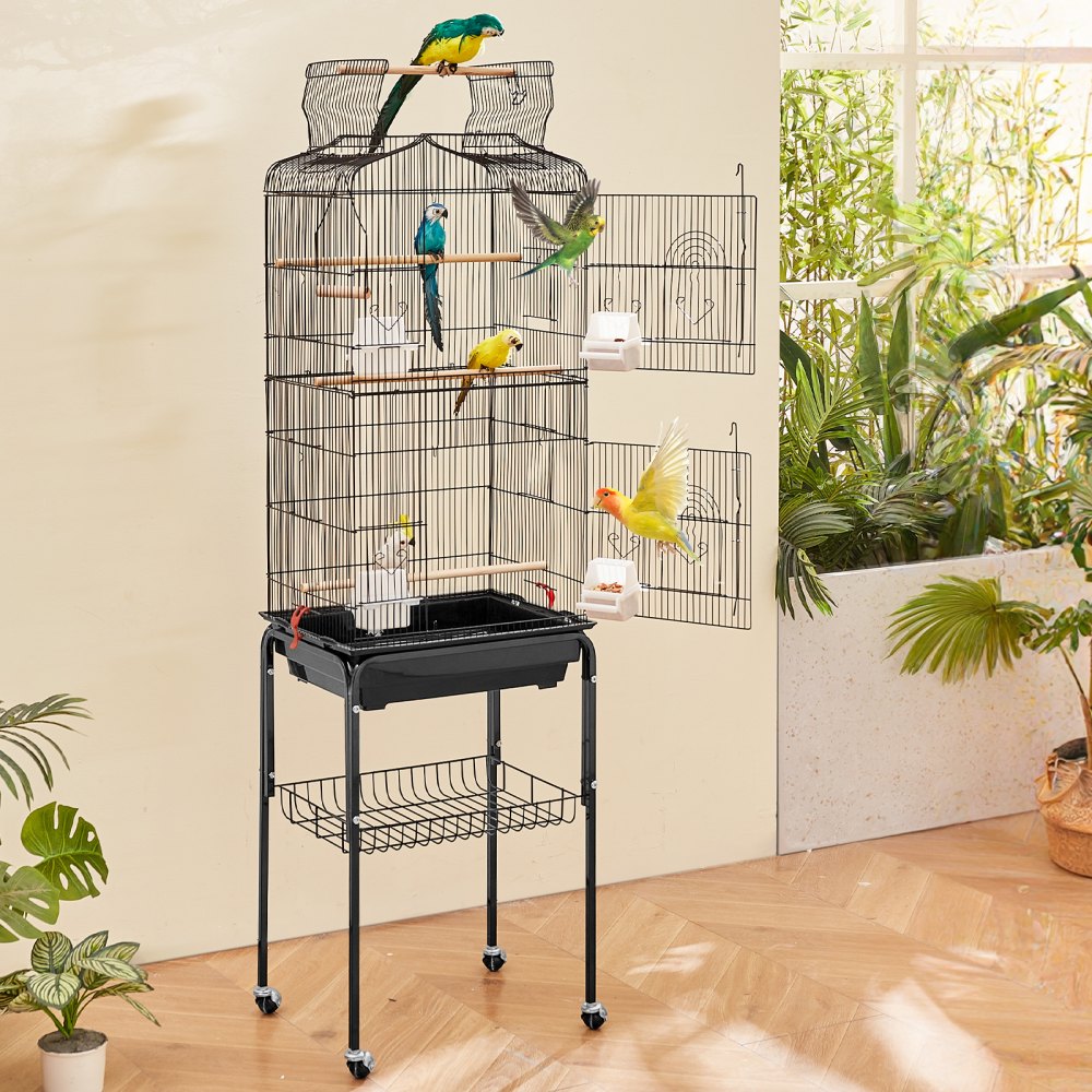 VEVOR Vogelkäfig, 45,7x35,5x151cm, Vogelvoliere mit offener Oberseite & Ständer, Vogelflugkäfig aus Stahl mit herausnehmbarem Tablett, Wellensittichkäfig mit 4 Sitzstangen, Papageienkäfig, Vogelhaus